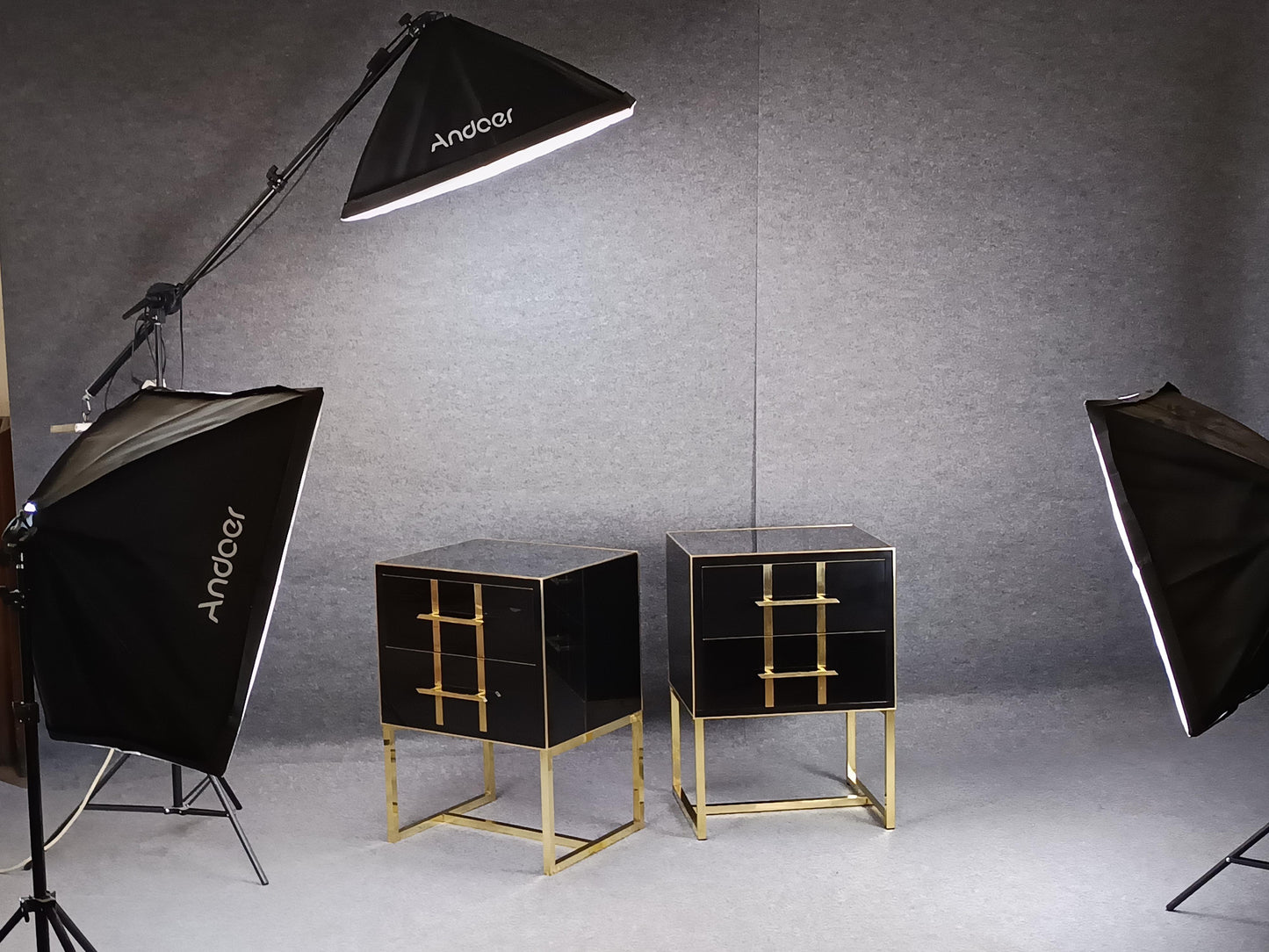 Black Glass Designer Side Tables – Set of 2 with Brass Details