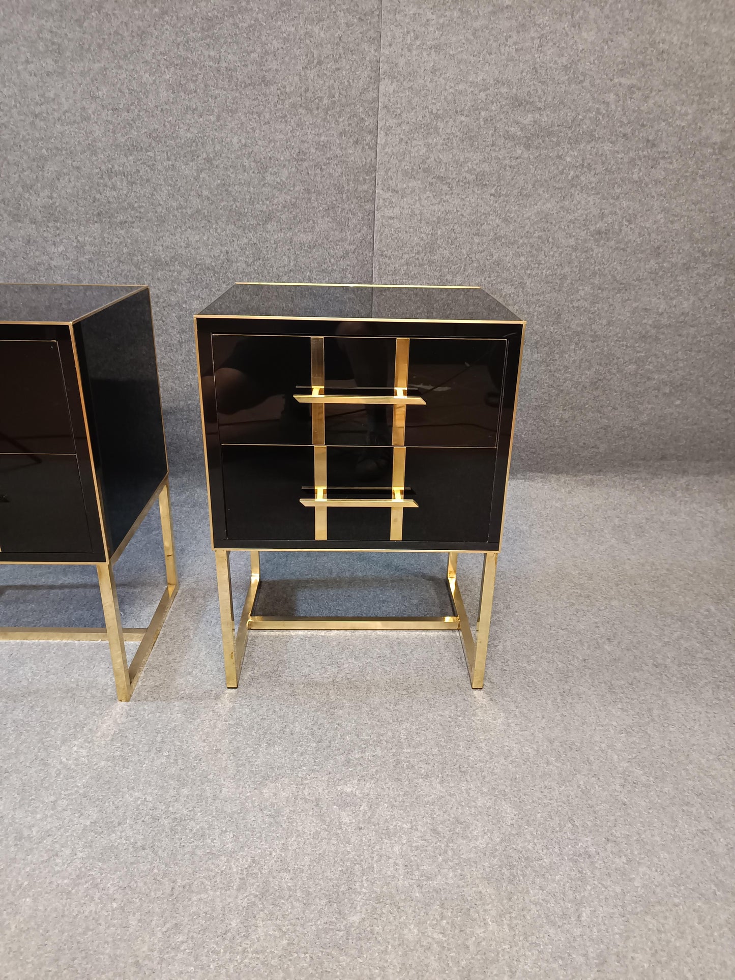 Black Glass Designer Side Tables – Set of 2 with Brass Details