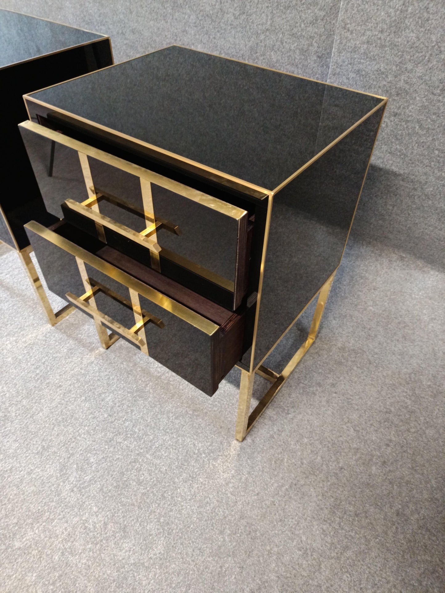 Black Glass Designer Side Tables – Set of 2 with Brass Details