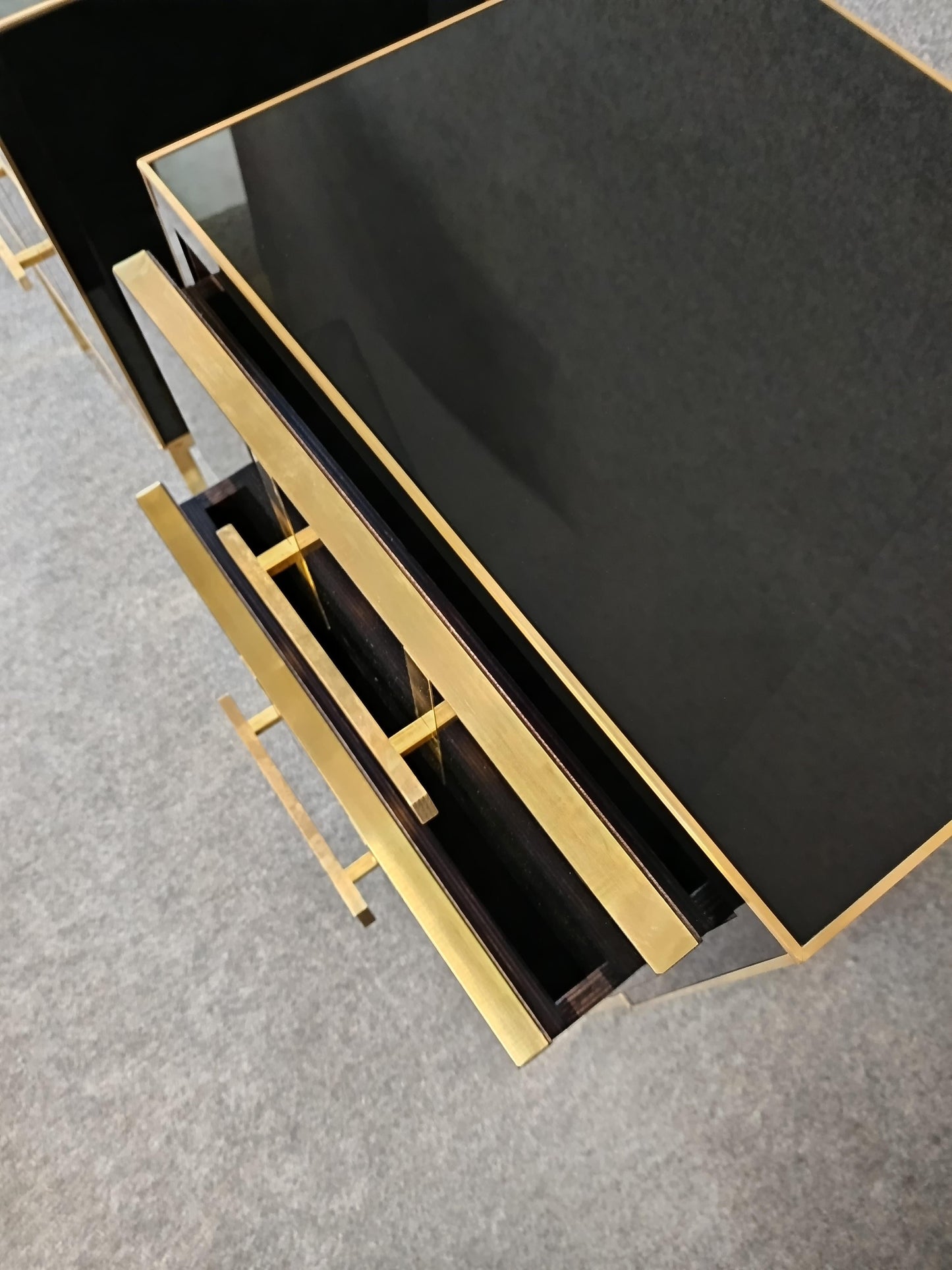 Black Glass Designer Side Tables – Set of 2 with Brass Details