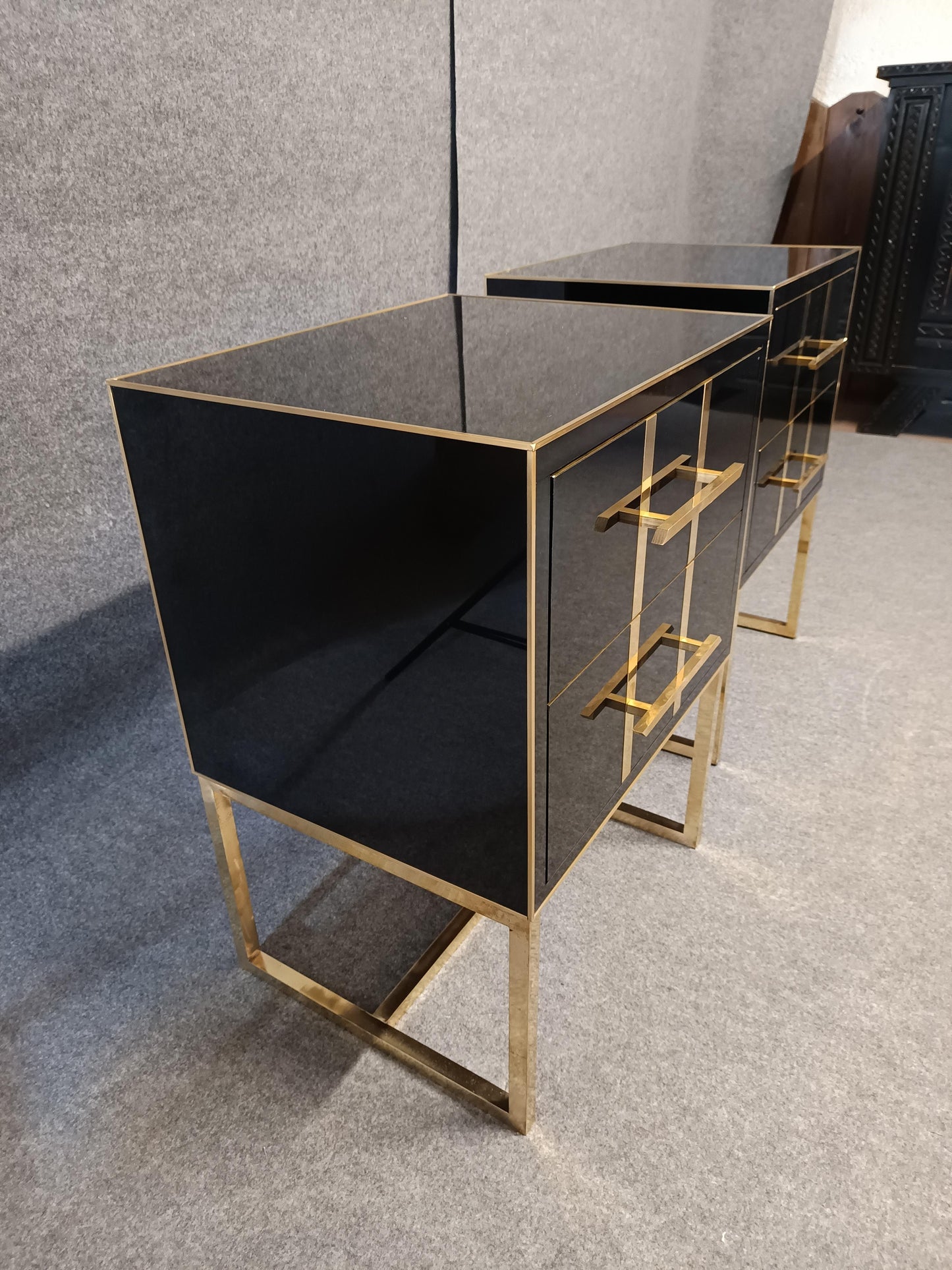 Black Glass Designer Side Tables – Set of 2 with Brass Details