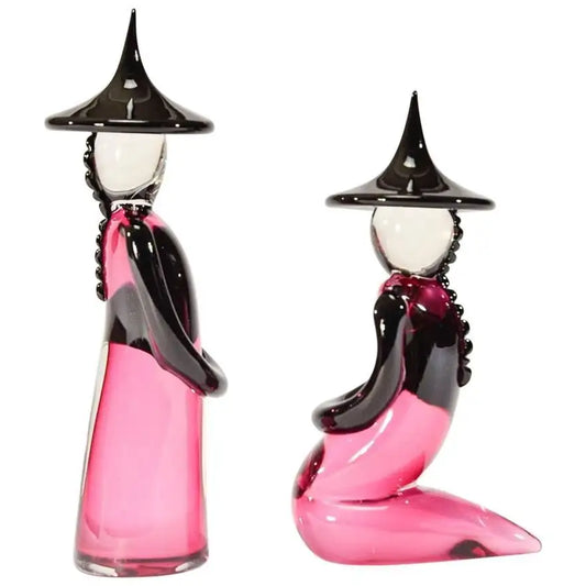 Pair of Signed Bellini, Murano Solid Crystal Chinese Figures