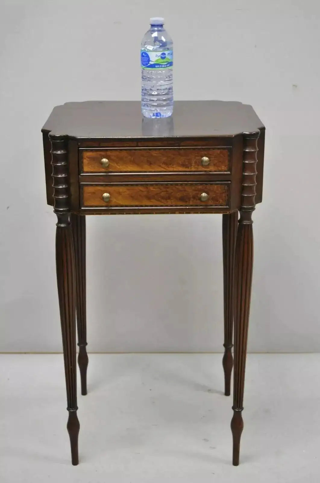 19th C. Antique Leg Burl Wood 2 Drawer Nightstand Side Table