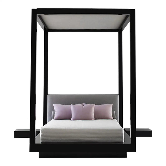 Modern black canopy bed with white bedding and purple pillows on a white background