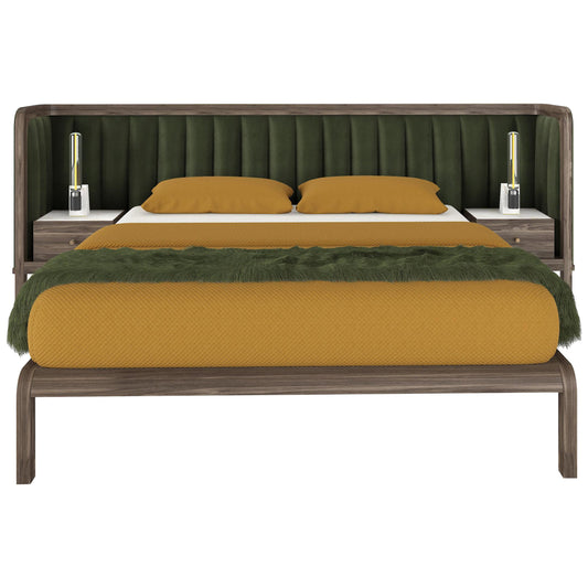 Cupid Bed in Black American Walnut & Velvet with Integrated Bedside Table