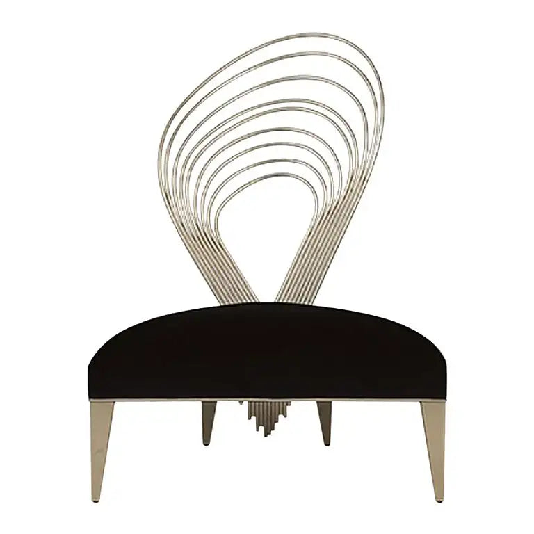 Modern chair with a black seat and silver, wave-like backrest on a white background