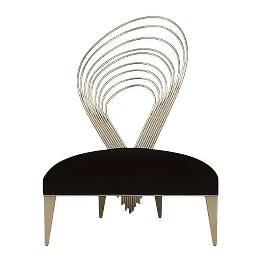 Modern chair with a black seat and silver, wave-like backrest on a white background