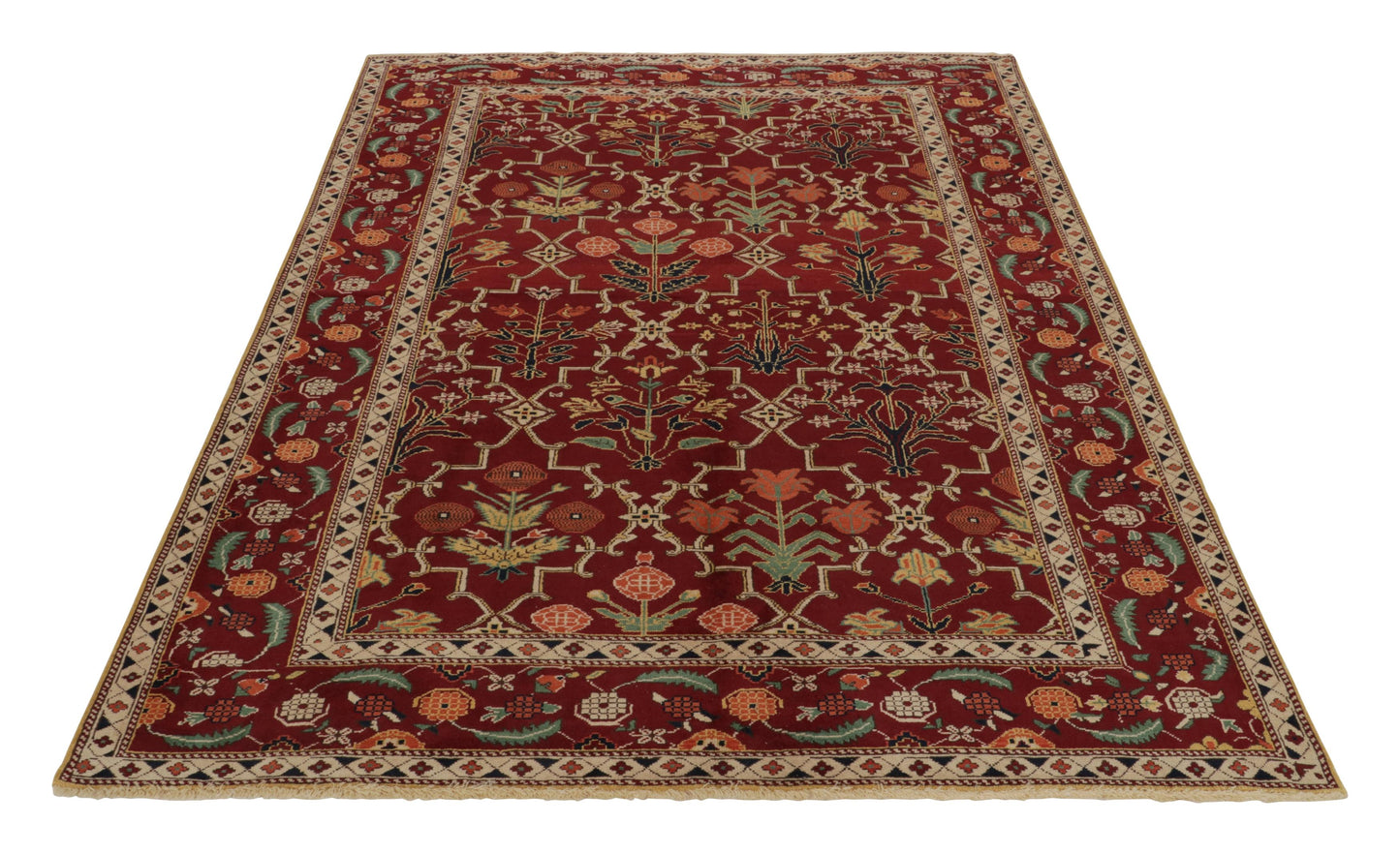 Agra Style Wool Rug – Red & Green Trellis Floral Pattern 178 x 224 cm