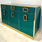 Bespoke Italian Metallic Emerald Blue Glass & Brass Dresser Sideboard