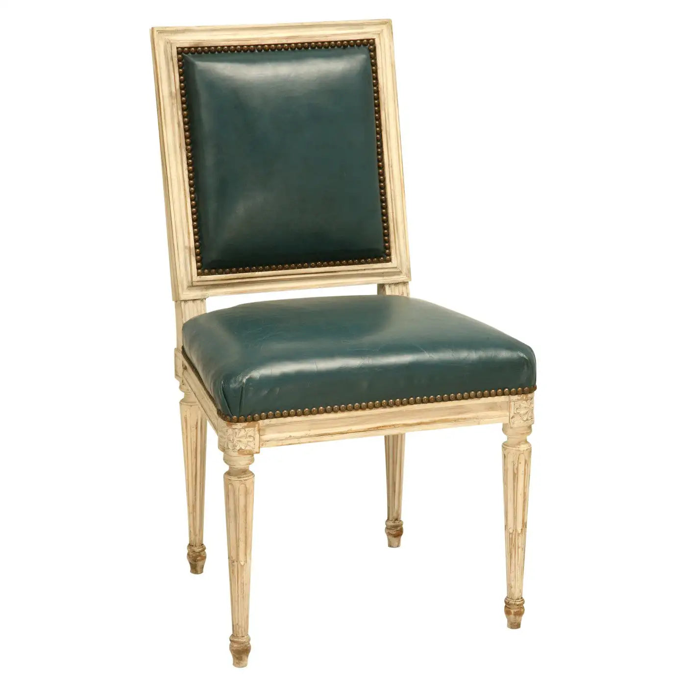 Chair with green leather seat and backrest on a white background