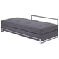 Gray upholstered bench with metal frame on a white background