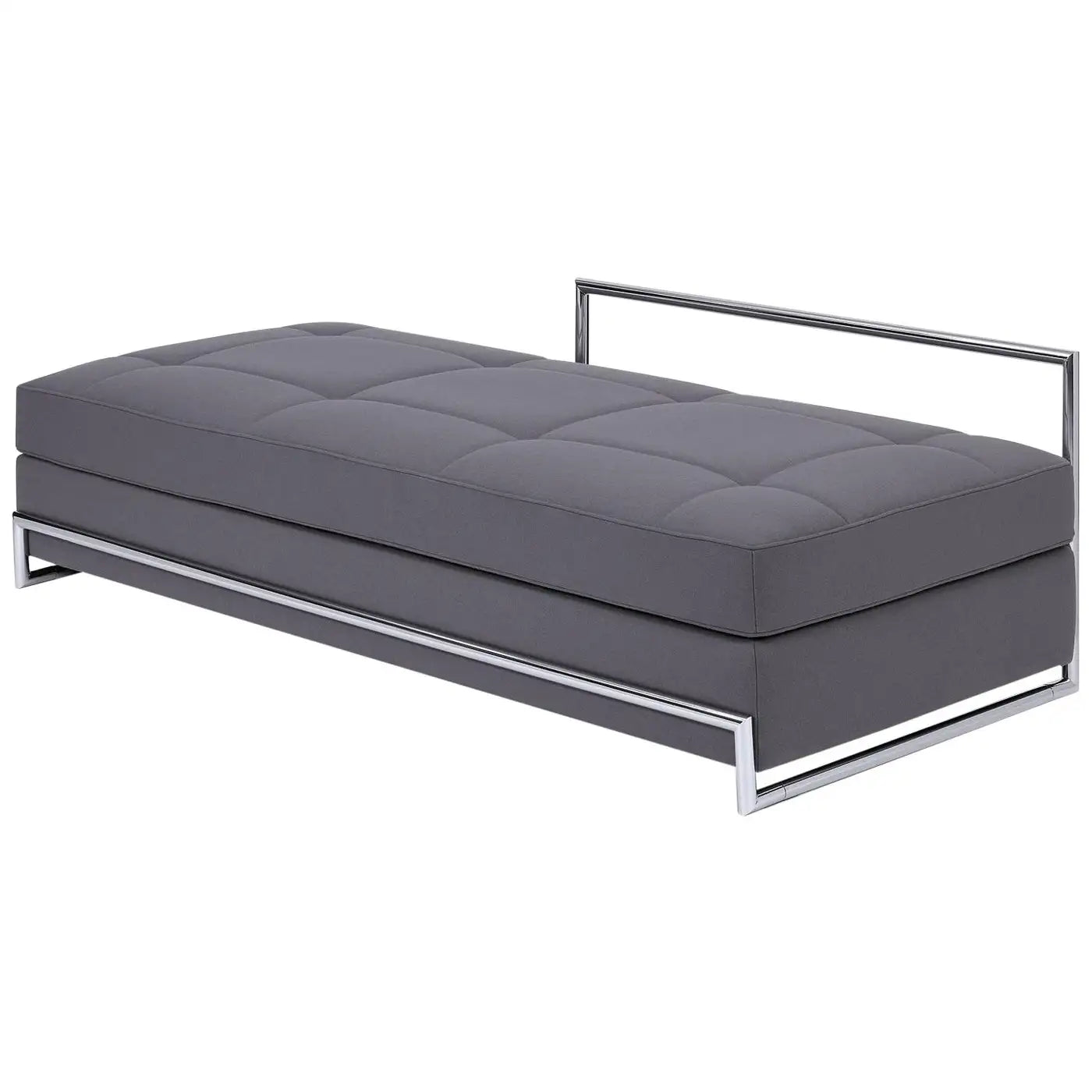Gray upholstered bench with metal frame on a white background