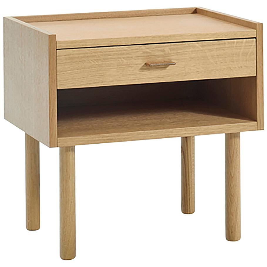 Wooden side table with a drawer on a white background