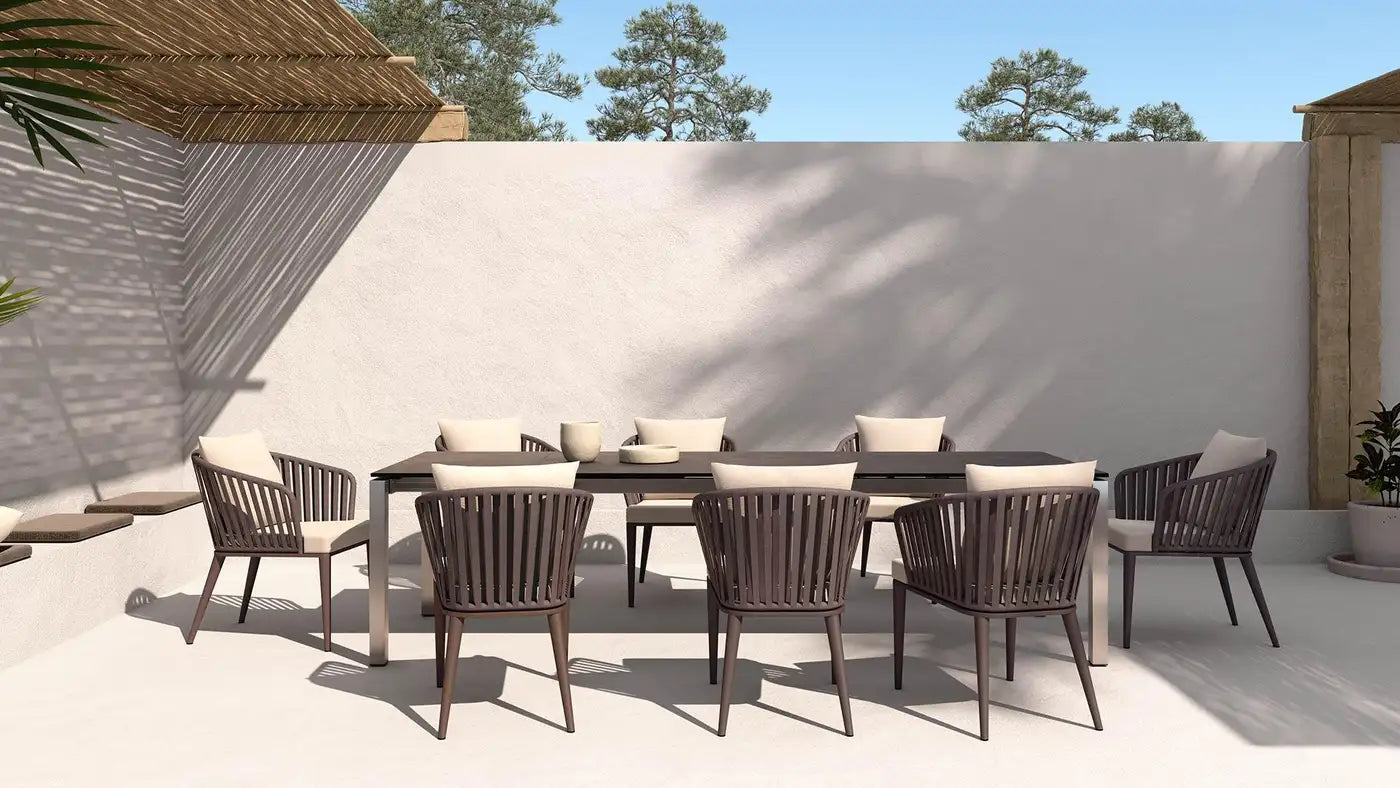 Ready To Ship Outdoor Dining Set: 8 Rope Chairs & Teak Dining Table