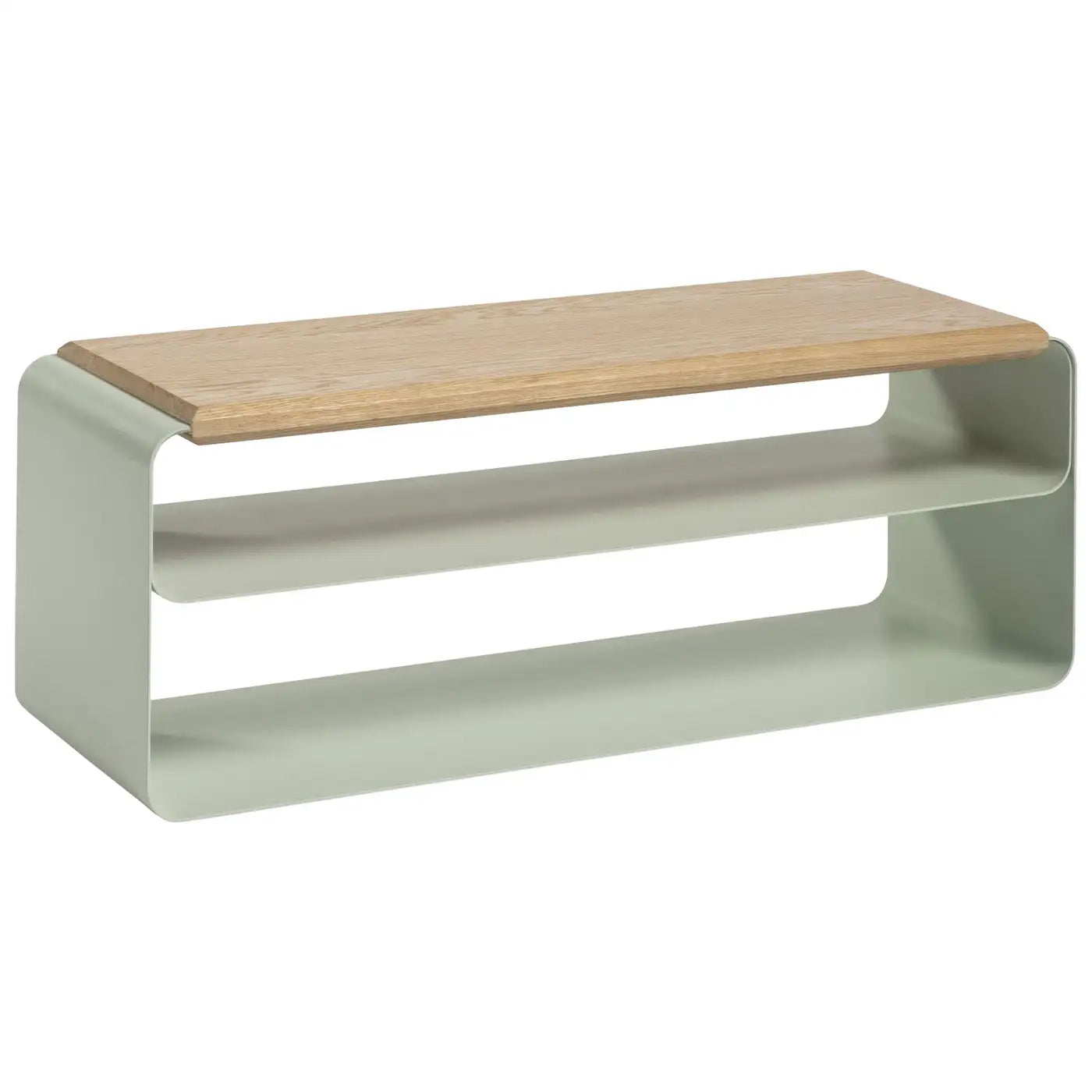 Bench with wooden top and metal frame on a white background