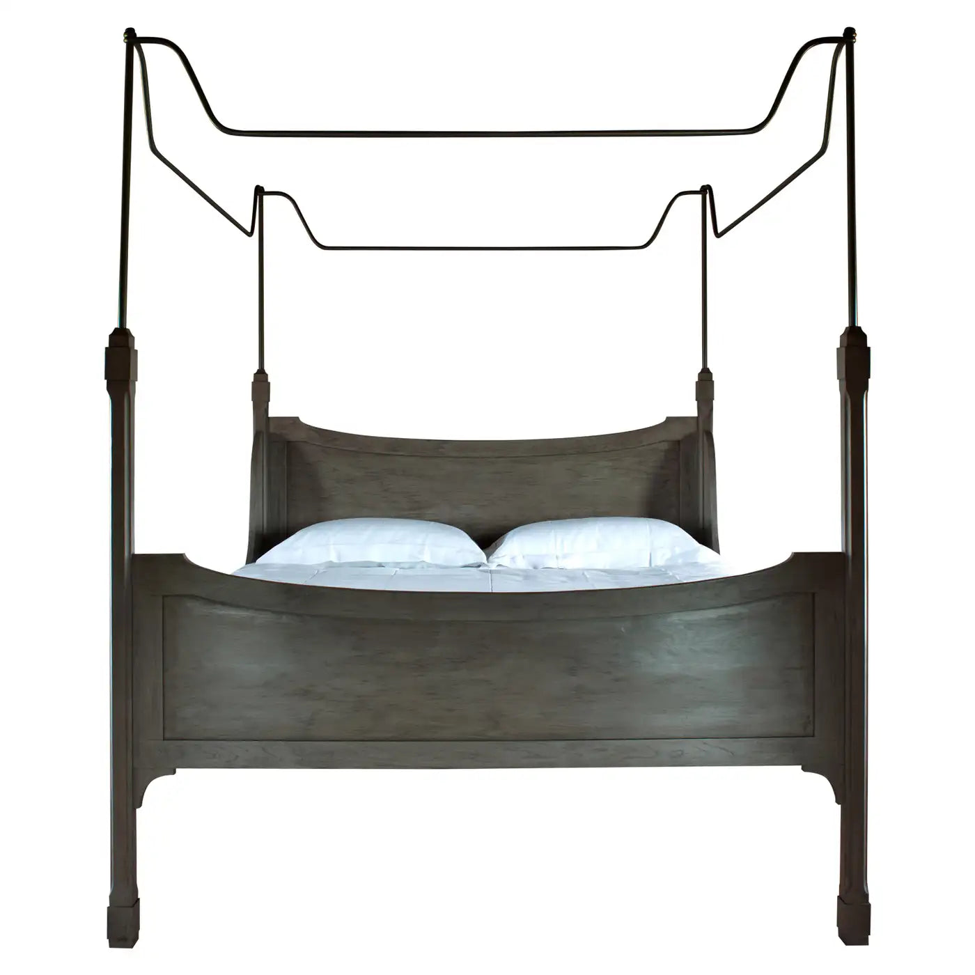 Wooden canopy bed with white bedding on a white background