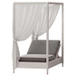 Canopy bed with white curtains and gray cushions on a white background