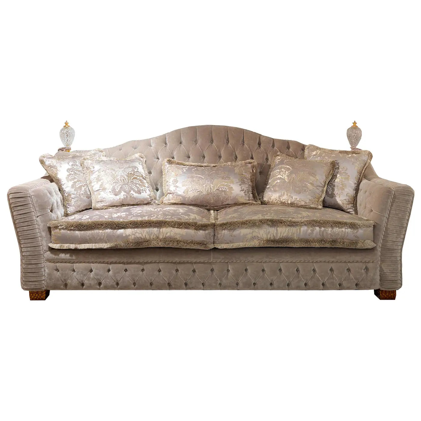 Borromeo Three-Seat Tufted Sofa with Carved Antique Gold Feet