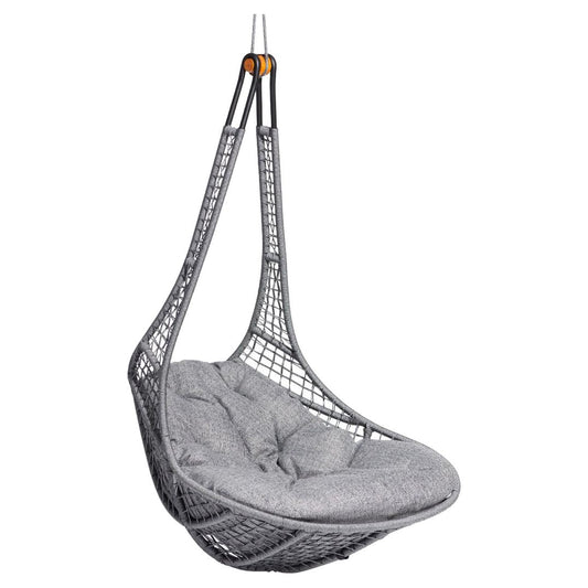 Hanging chair with gray cushion on a white background