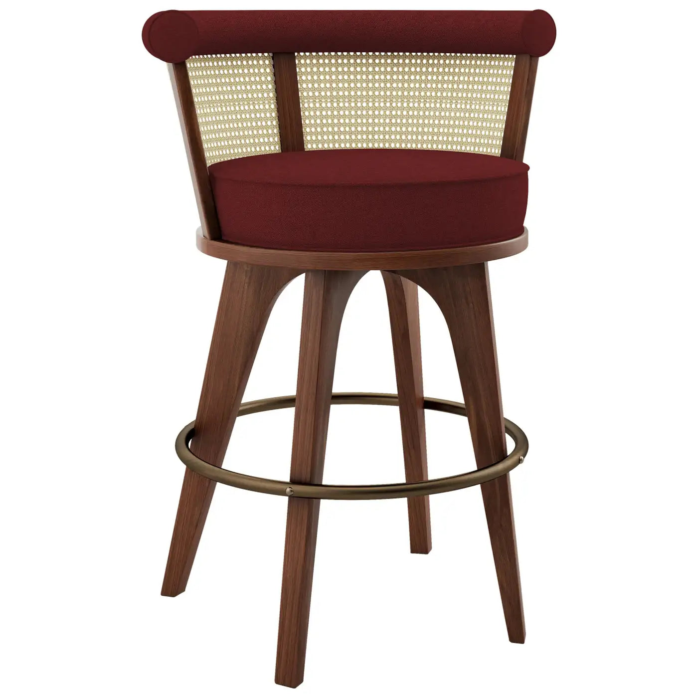 Wooden bar stool with red cushioned seat and backrest on a white background