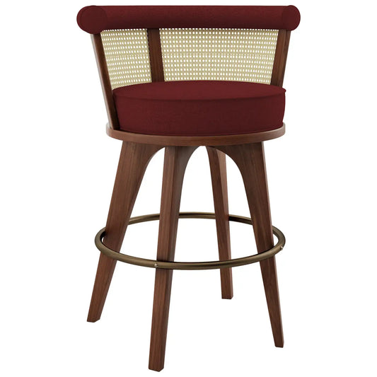 Wooden bar stool with red cushioned seat and backrest on a white background