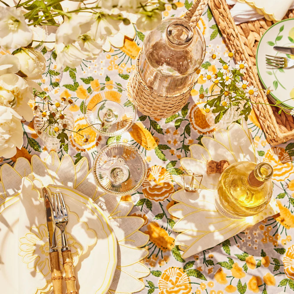 Yellow Floral Block Printed Cotton Tablecloth – 150 x 300 cm