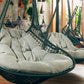 Hanging wicker chairs with cushioned seats in a room with plants and a person sitting on one.