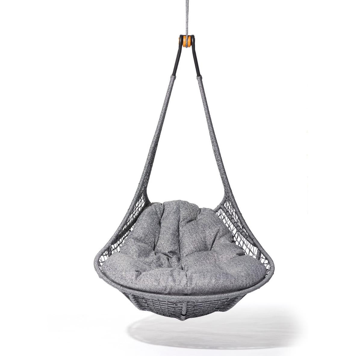 Gray hanging chair with cushion on a white background