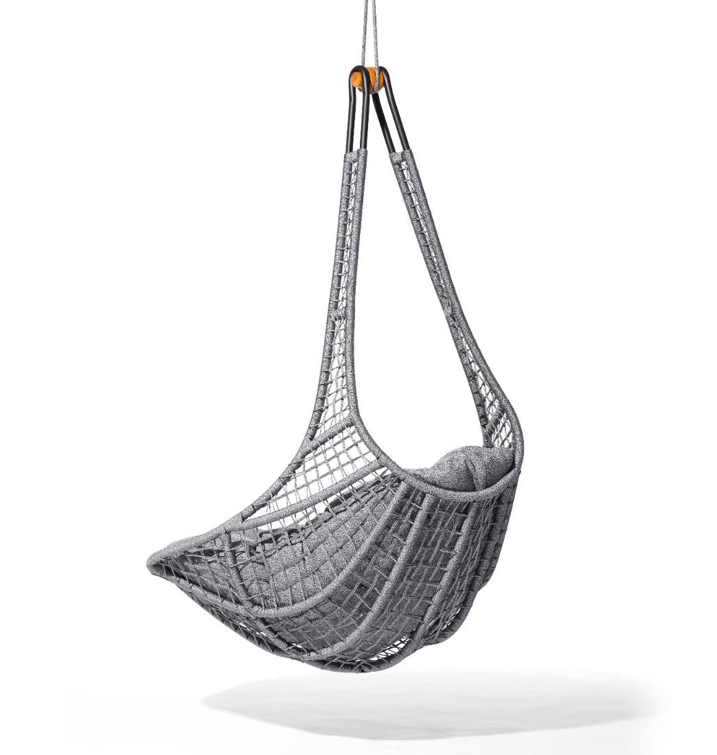 Gray woven hanging chair on a white background