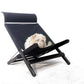 Dog lying on a black lounge chair with a white background