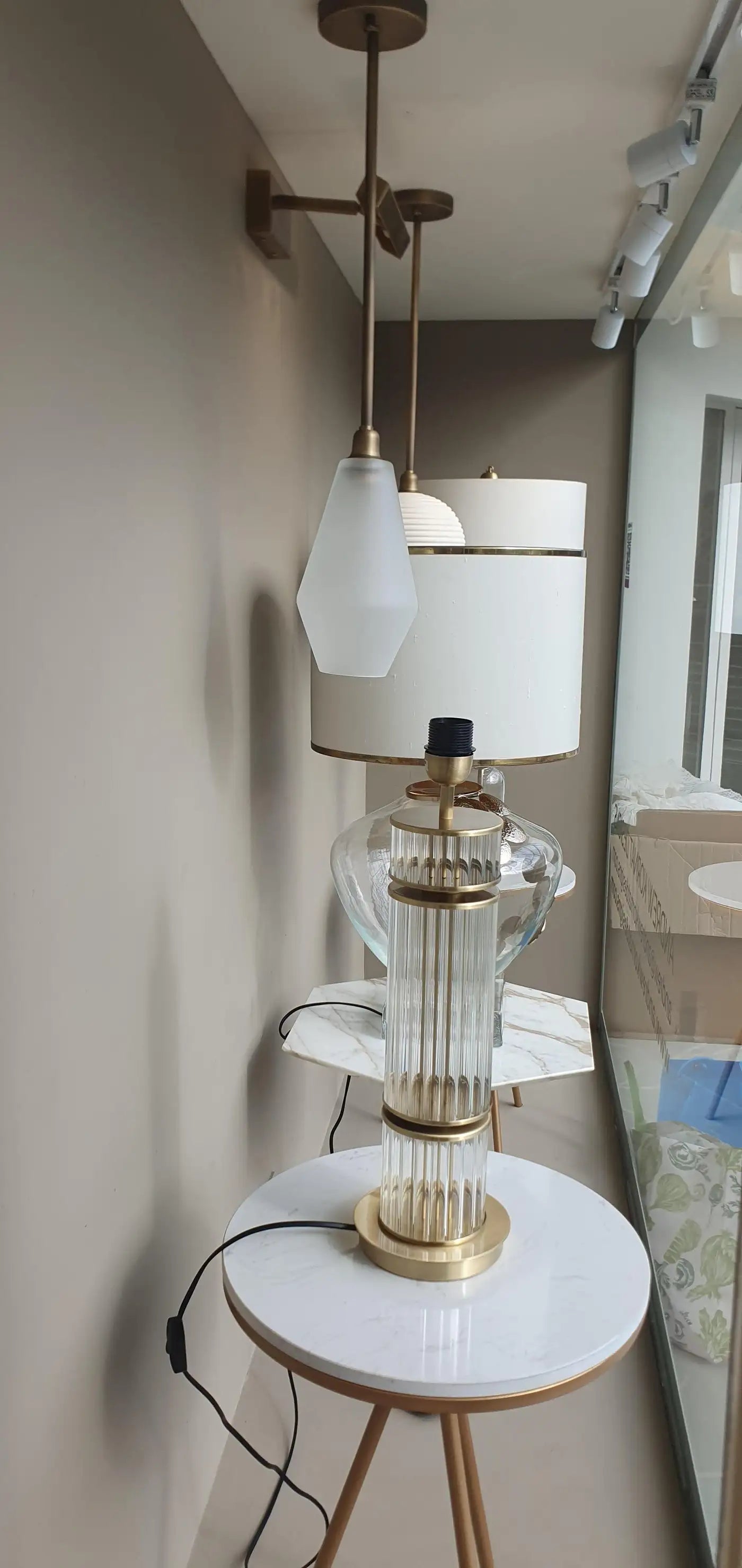 Column Lamp hand made of Reeded Glass and Antique Brass