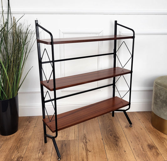 Mid-Century Italian Metal & Walnut Open Bookcase with Brass Details – 1950s