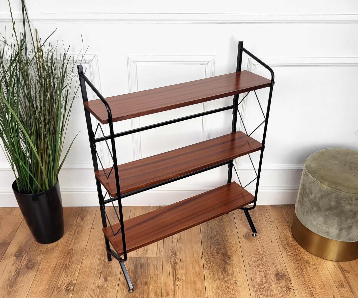 Mid-Century Italian Metal & Walnut Open Bookcase with Brass Details – 1950s