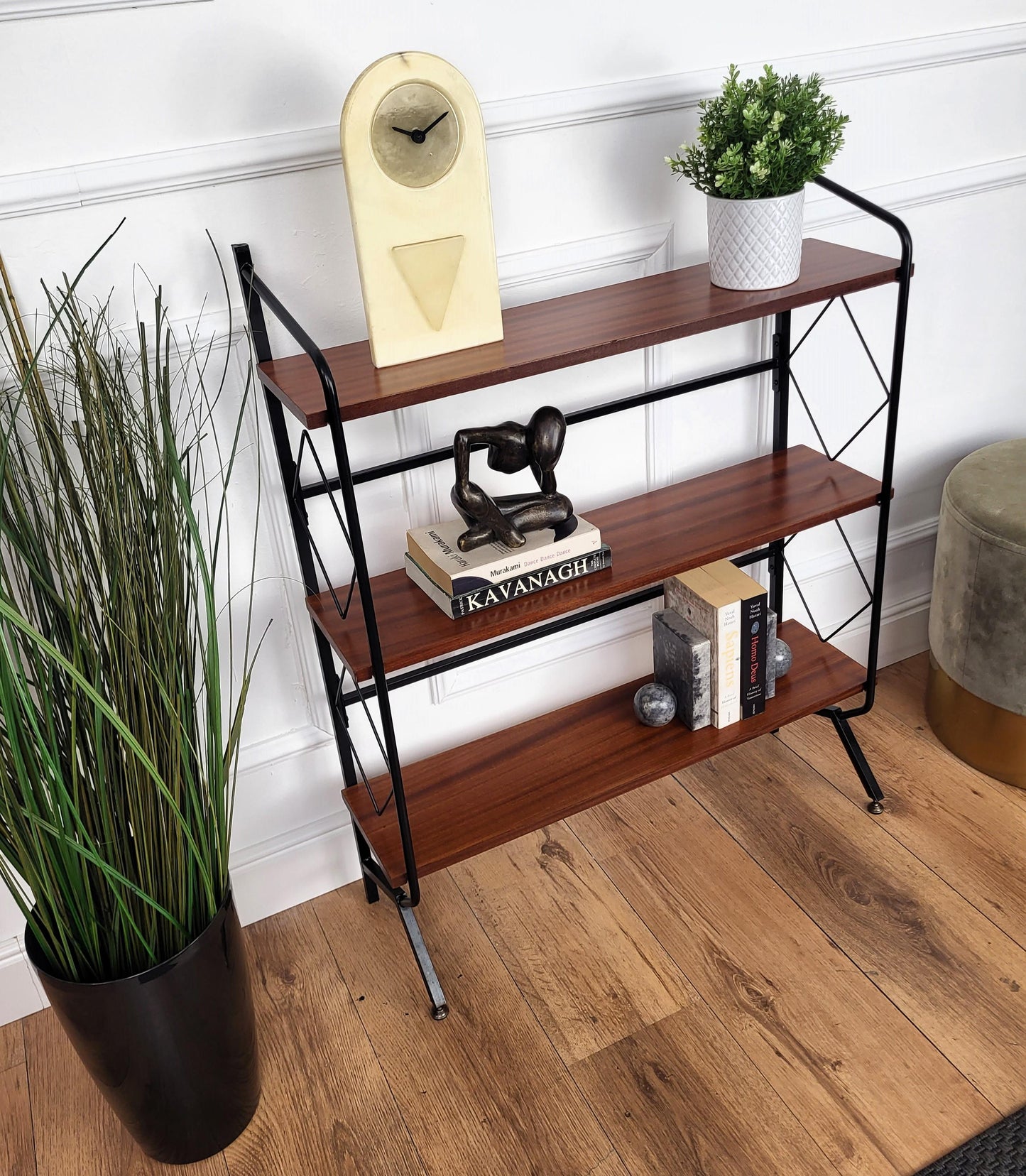 Vintage 1950s Italian Mid-Century Modern Slim Metal & Walnut Bookshelf