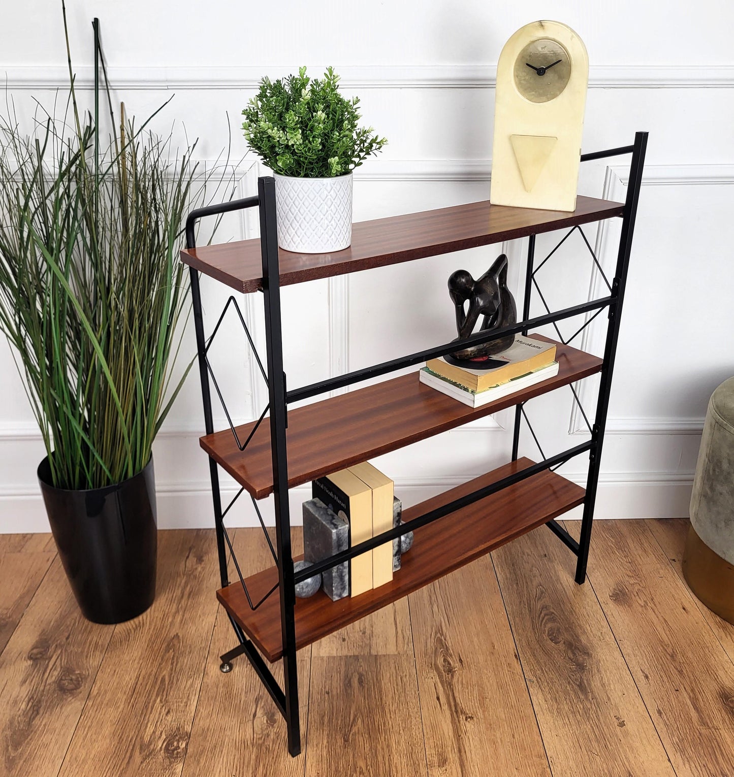 Vintage 1950s Italian Mid-Century Modern Slim Metal & Walnut Bookshelf