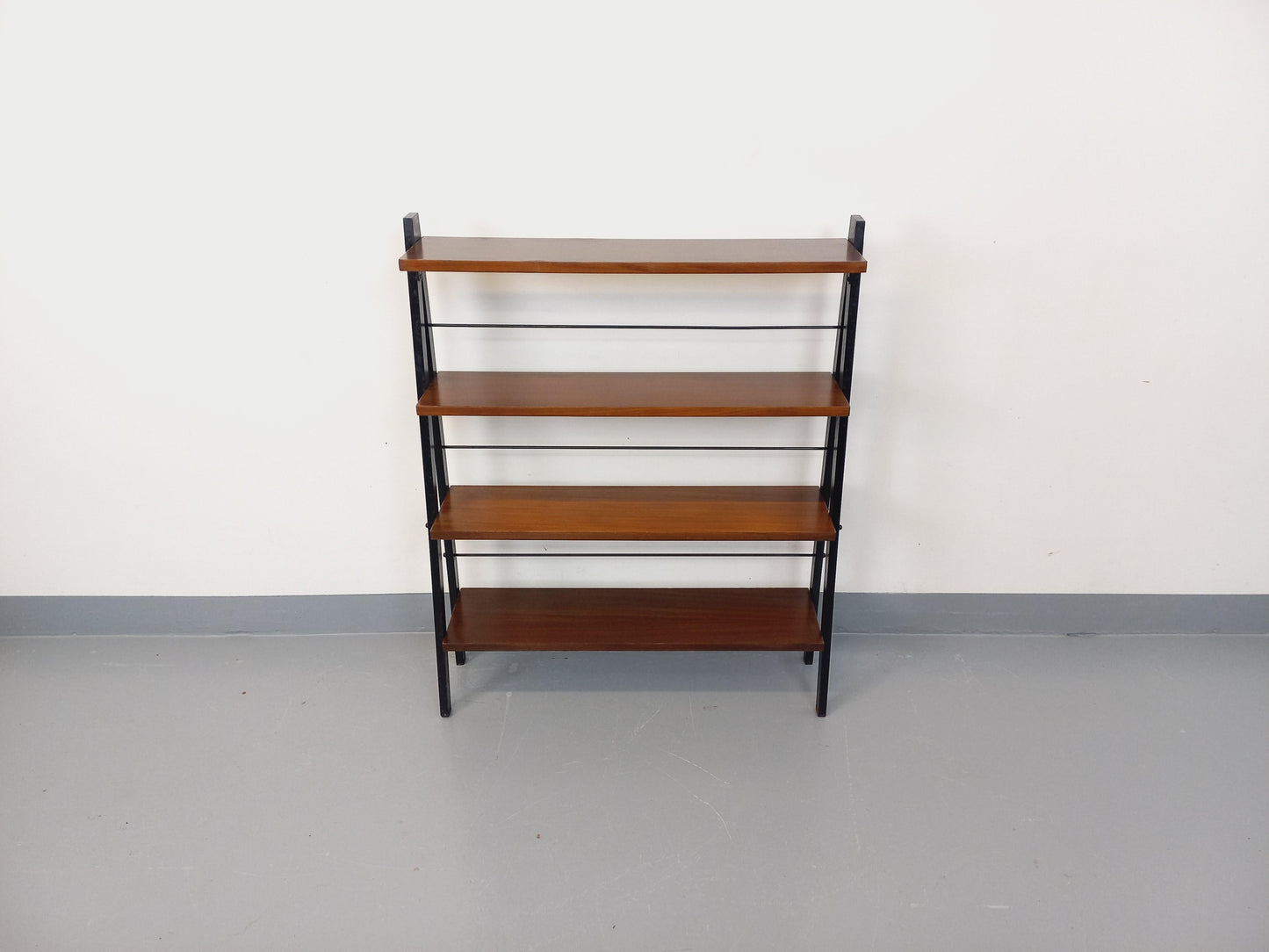 Vintage 1960s Teak & Black Metal Floor Shelf – Italian String Tomado Style
