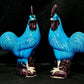Pair of Old Blue Glazed Chinese Ceramic Rooster Figures