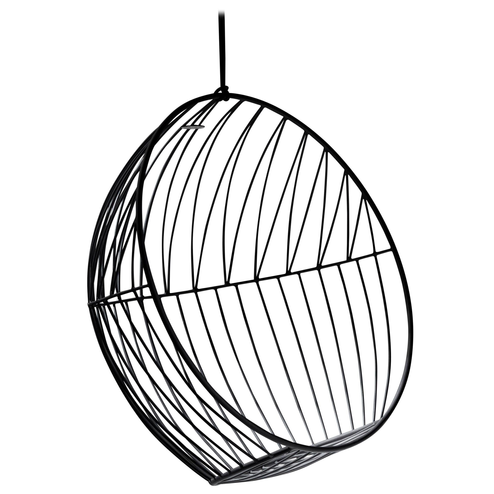 Black wire hanging chair on a white background