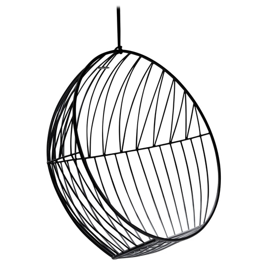 Black wire hanging chair on a white background