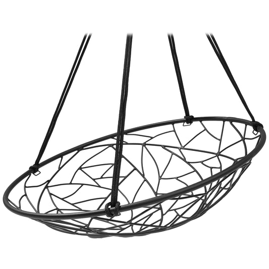 Black metal swing seat with intricate design on a white background