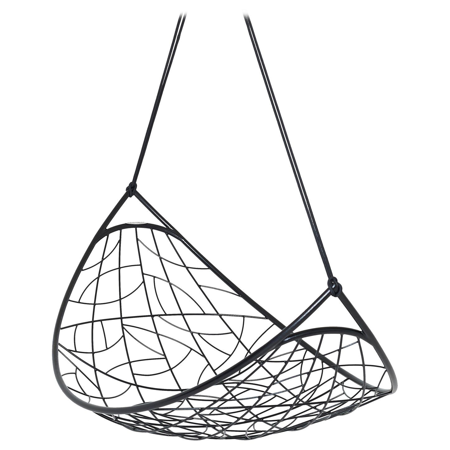 Black woven hanging chair on a white background