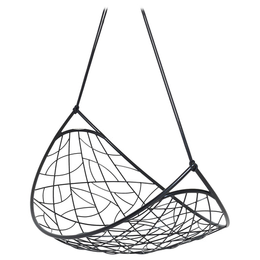 Black woven hanging chair on a white background