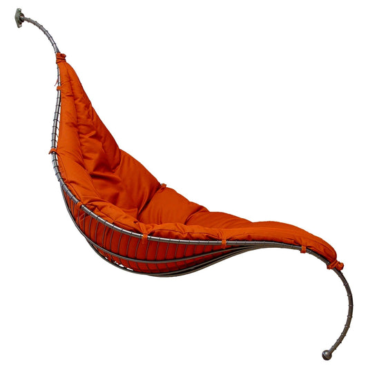 Orange hammock chair with metal frame on a white background