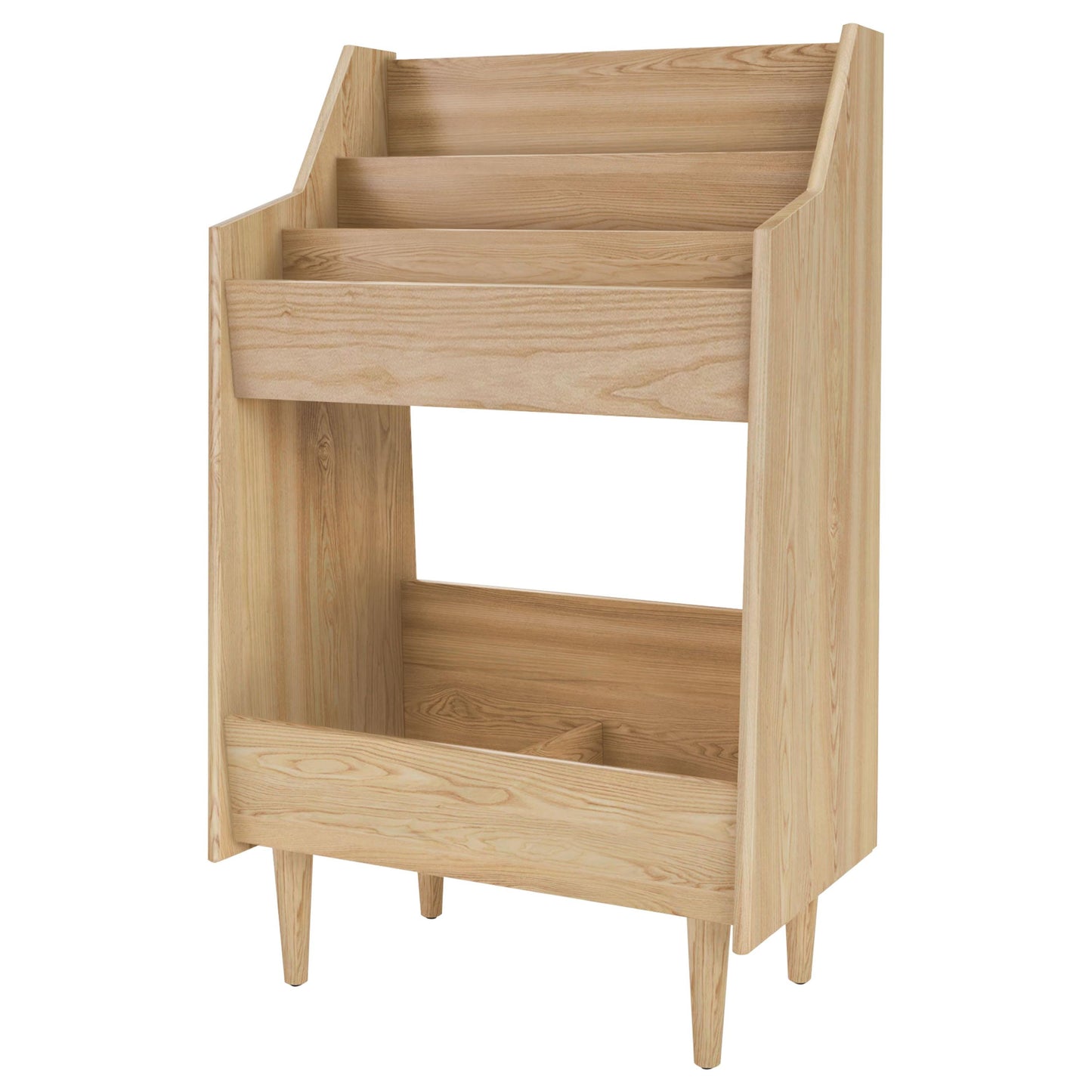 Wooden bookshelf with two shelves on a white background