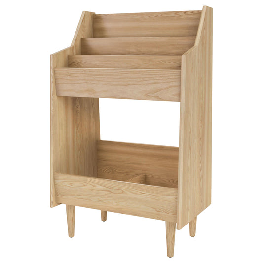 Wooden bookshelf with two shelves on a white background