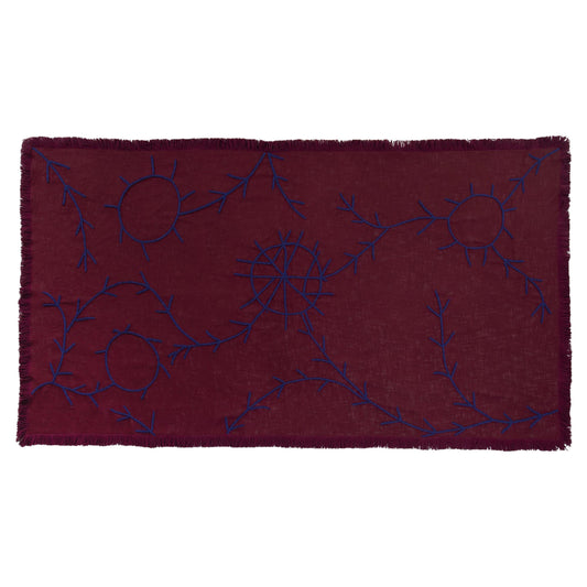 Hand-Embroidered Burgundy Cotton Throw Blanket with Trim