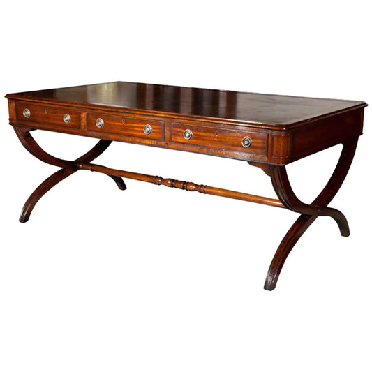 Wooden desk with curved legs on a white background