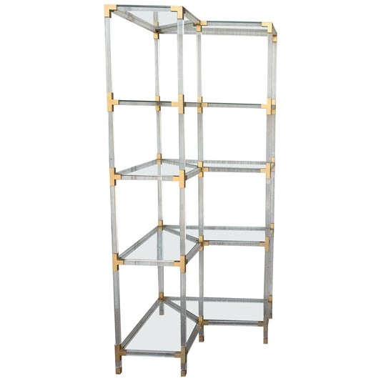 Mid-Century Italian Brass, Lucite & Glass Corner Étagère – Five Shelves