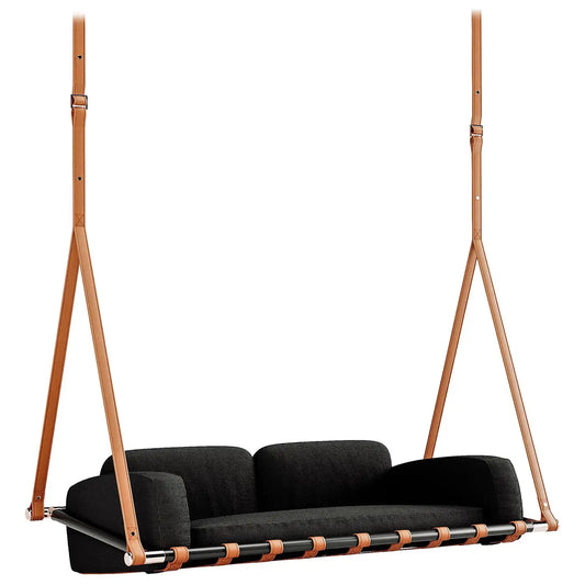 Modern Outdoor Swing Sofa with Black Leather Upholstery and Gold details