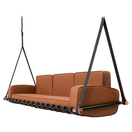 Outdoor Swing Sofa in Brown Waterproof Upholstery with Black Leather Straps